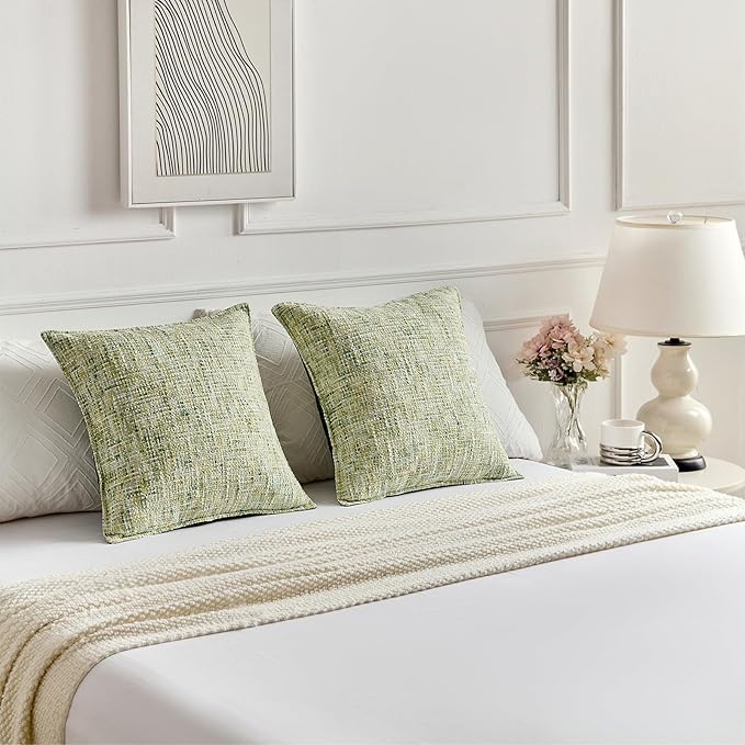 FUTEI Pack of 2 Chenille Tweed Vintage Throw Pillow Covers 24x24 Inch Soft Decorative Euro Pillow Shams Modern Farmhouse Accent for Couch Bed Living Room, Light Green