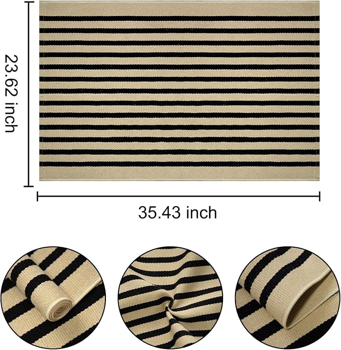 Front Door Mat Outdoor 2'x3',Black and Khaki Striped Outdoor Rug Washable Cotton Layered Door Mat Entryway Throw Rug for Indoor Entrance