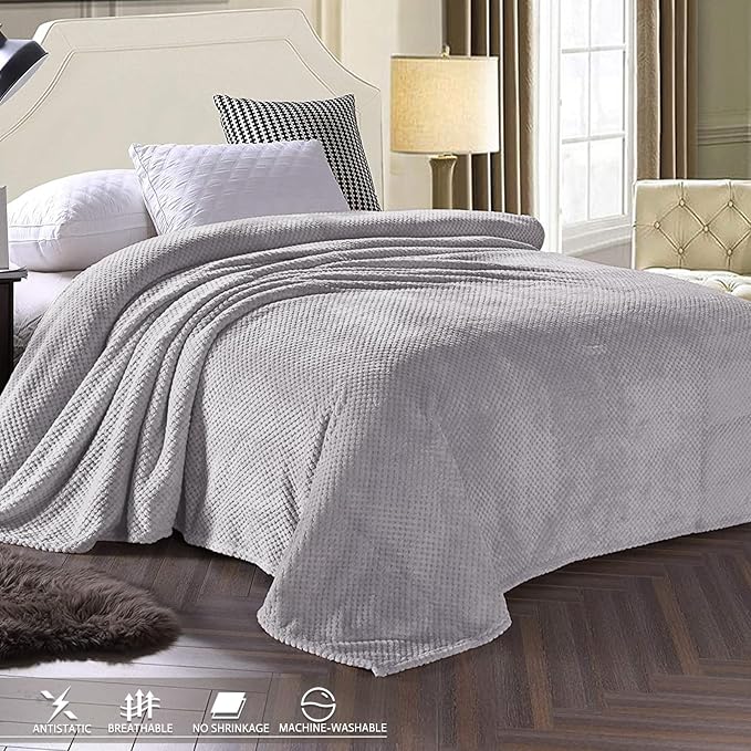 Exclusivo Mezcla Soft Waffle Fleece Bed Blanket Twin XL Size, Light Gray | Lightweight Plush Blanket for Bed, Couch, Sofa, Cozy Fluffy Design for Bedroom, Guest Room, All Season, 90x66 Inches