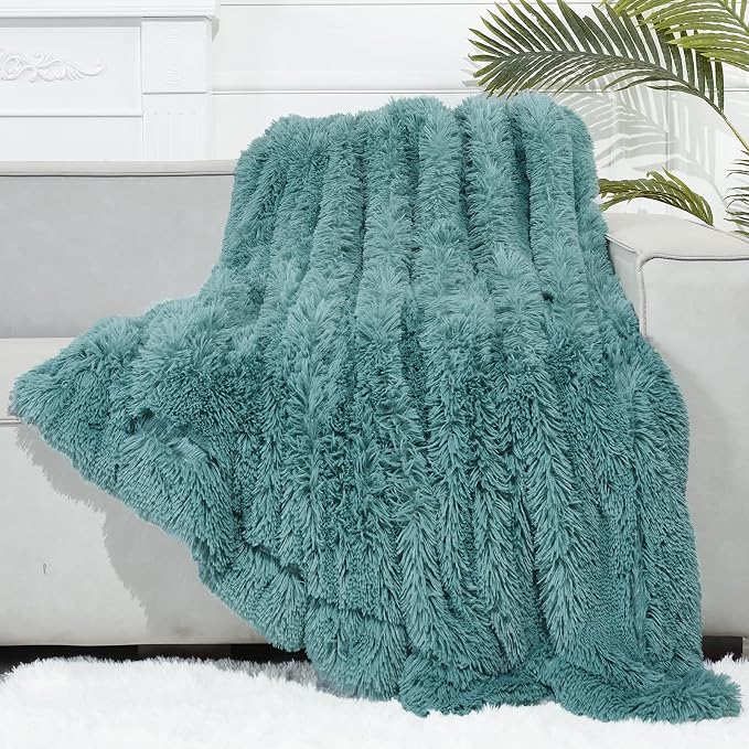 GONAAP Fuzzy Faux Fur Throw Blanket for Couch, Light Teal, 50"x60" | Warm Cozy Plush Shaggy Decorative Reversible Thick Non-Heated Fleece Blanket for Sofa Bed, Gift for Women Men, All Season Use