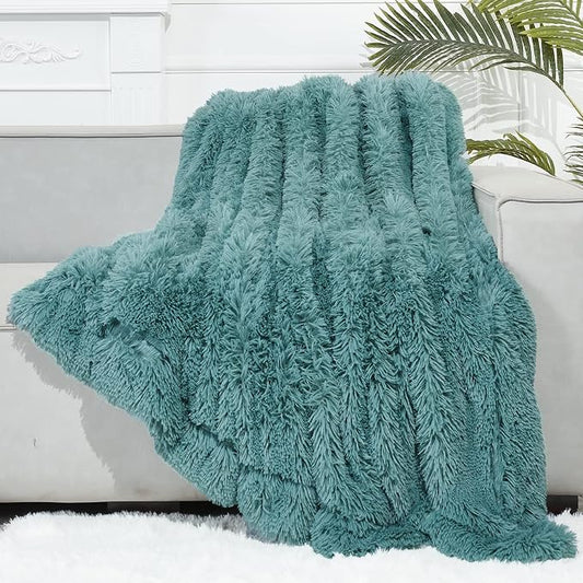 GONAAP Fuzzy Faux Fur Throw Blanket for Couch, Light Teal, 50"x60" | Warm Cozy Plush Shaggy Decorative Reversible Thick Non-Heated Fleece Blanket for Sofa Bed, Gift for Women Men, All Season Use