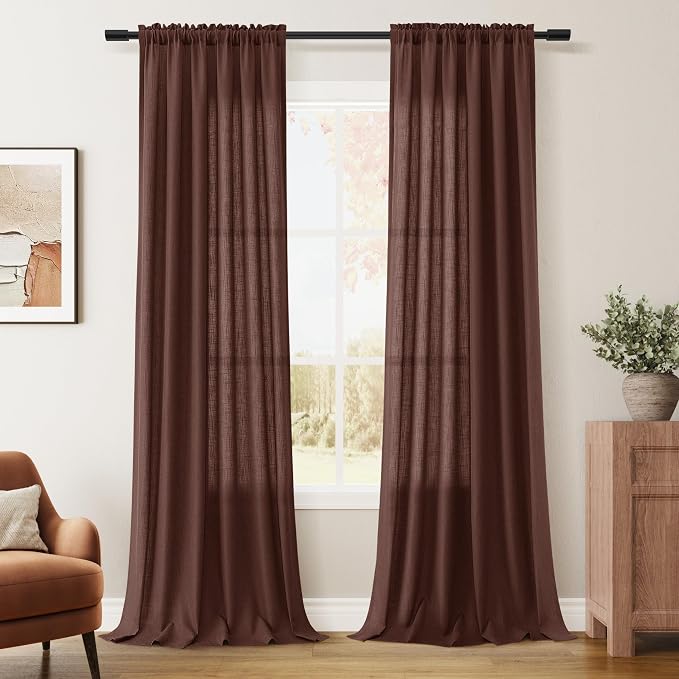 Rustic Brown Linen Curtains 96 Inches Long 2 Panel Set Rod Pocket Semi Sheer Dining Room Cozy Bedroom Decor Cotton Look Country Rustic Farmhouse Boho Curtains 52x96