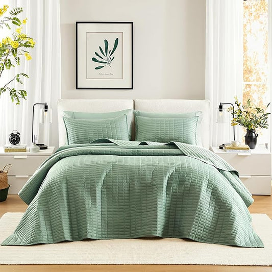 Comfort Spaces Oversized Bedspread Queen Quilt Set 3P 102x 118 Sage Green | Coverlet for Summer Soft Cozy Lightweight All Season Quilted Extra Layer with Matching Sham, Bedroom Decor OEKO-TEX Certified