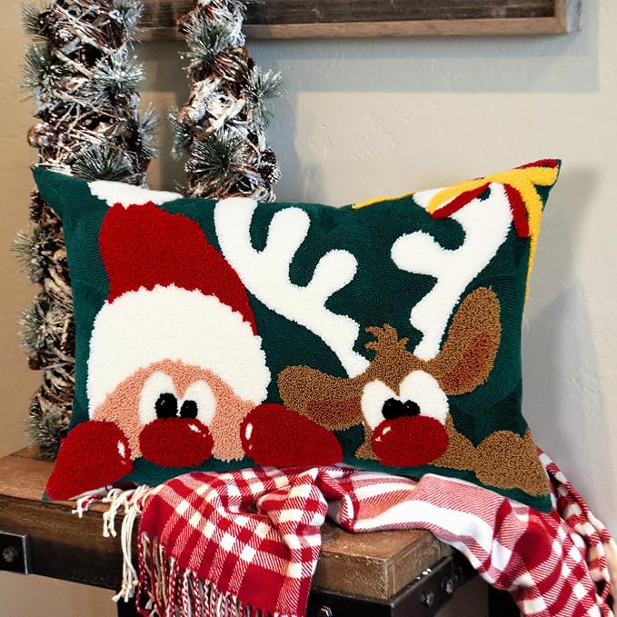 Alysheer Christmas Green Embroidered Lumbar Decorative Throw Pillow Cover 12x20, Santa Deer Tufted Embroidery Cotton Cushion Case for Sofa Couch Bed Living Room Holiday Decor Gift