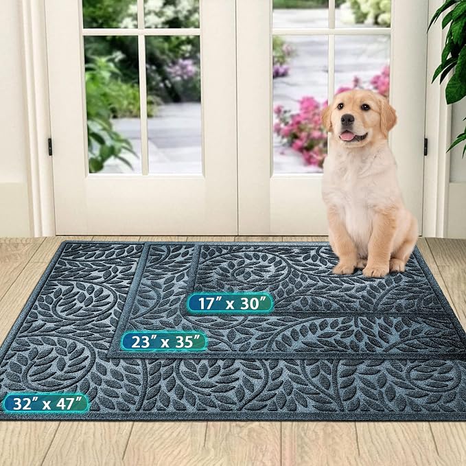 Bulijojo Front Door Mat Entrance,Durable Heavy Duty Welcome Mat,Thick Absorbent Natural Rubber Non Slip Mat, Sturdy Entryway Blue 47"x32"