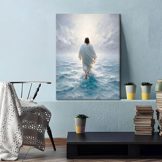 AUUAUU Jesus Walks on Water Wall Art Christian Canvas Painting 12x16 Inches | Religious Picture Canvas Prints Bible Stories Artwork Wall Decor for Living Room Bedroom Prayer Room Ready to Hang