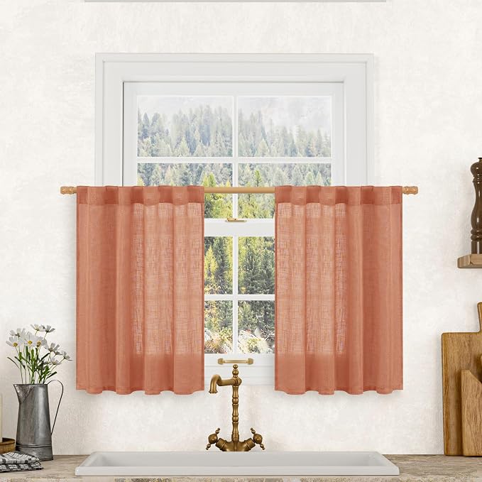Short Linen Window Curtains 30 Inches Long 2 Panels 34 x 30 Inch | Terracotta, Semi Sheer, Light Filtering, Neutral Drapes for Kitchen, Cafe, Basement, Small Windows, Rod Pocket Back Tab