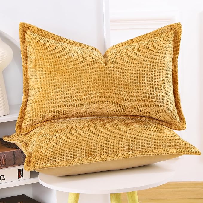 MADIZZ Decorative Chenille Velvet Throw Pillow Covers Set of 2 Soft Boho Textured Neutral Couch Throw Pillow for Bed Modern Farmhouse Home Decor for Sofa Livingroom Yellow 12x20 Inch
