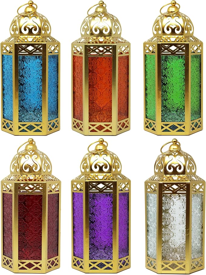 VELA LANTERNS 12" Gold Metal Moroccan Decorative Candle Lantern Holder for Hanging or Table Centerpieces, Exotic Indoor Home Decor, Outdoor Patio or Porch, Weddings, Ramadan, Assorted, Large, 6-Pack
