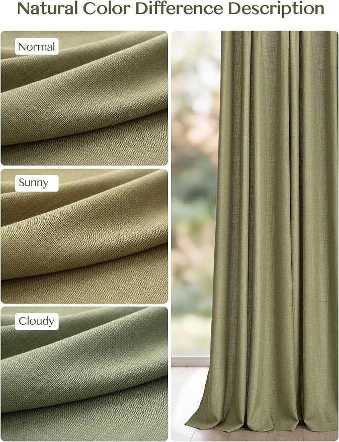 Liz Pinch Pleated Linen Curtains Light Filtering Curtains for Living Room, Farmhouse Window Curtains for Bedroom, Modern Drapes with Hooks and Rings, 95 Inches Long, Olive Green, 2 Panels Set