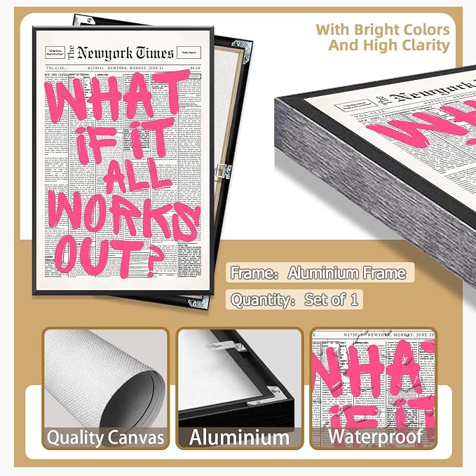Drimiler Retro Newspaper Pink Font Poster What If It All Works Out Canvas Wall Art Positive Affirming Quote Minimalist Prints Painting For Home Bedroom Dorm Wall Decor 16x24in Framed