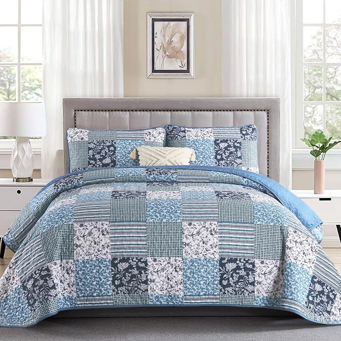 Mybedsoul King Size Quilt, Boho Patchwork Floral Bedding Set, Navy Blue | Soft Lightweight Microfiber Floral Coverlet Set, 3 Pieces Plaid Reversible Bedspread, Bed Sets for All Seasons 90"x110"