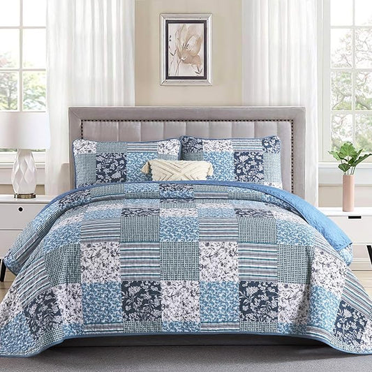 Mybedsoul Navy Blue Quilts Set Queen Size, Patchwork Floral Bedding Set | Soft Lightweight Microfiber Reversible Coverlet Set, 3 Pieces Plaid Bedspread, Bed Sets for All Seasons 96"x90"