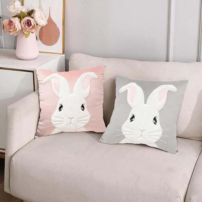 Spring Easter Throw Pillow Covers 18x18 Funny Bunny Pillowcase,3D Embroidered Rabbit Cushion Cover Velvet Decorative Throw Pillows for Home Decor (Light Gray -1PCS)