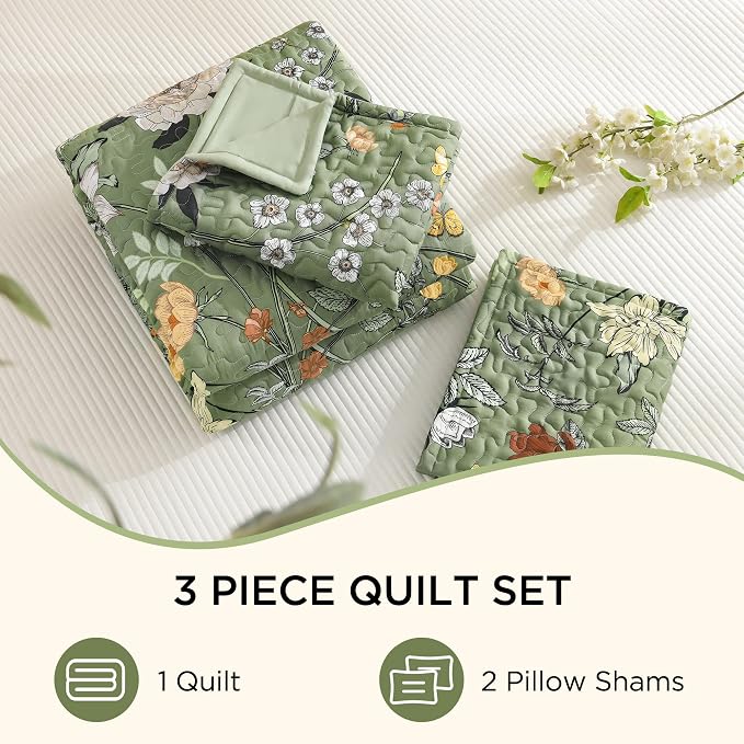 Litanika Floral Green Quilt California King - 3Pcs Botanical Birds Bed Set | Sage Bedspread Summer Lightweight Soft Coverlet for All Seasons (112"x104")