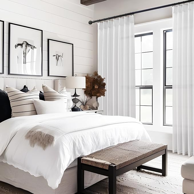 108 Inch White Linen Semi Sheer Curtains for Living Room 2 Panels Set, 9Ft Luxury Farmhouse Style Pinch Pleated Curtains Light Filtering Privacy Floor to Ceiling Track Drapes with Hooks Rings