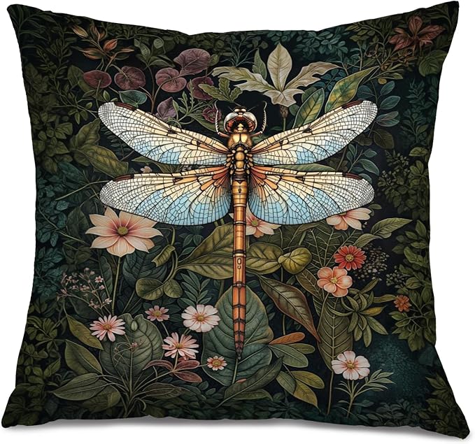 Moody Floral William Morris Dragonfly Pillow Covers 18x18, Dark Cottagecore Room Decor, Dark Academia Botanical Floral Throw Pillow Covers for Home Bedroom, Dragonfly Gifts for Women