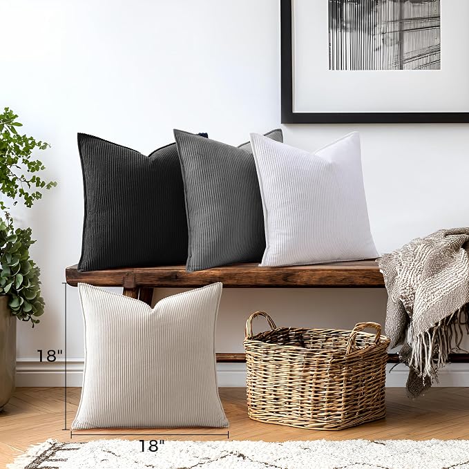Pack of 4 Throw Pillow Covers Corduroy 18x18 Inch,Grey Black | Decorative Velvet Couch,Summer Cases Square,Farmhouse Boho Cushion Covers for Sofa Bed Living Room Home Decor & Office