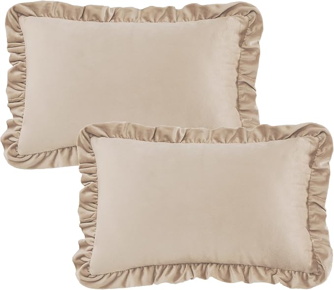 GIGIZAZA Champange Lumbar Throw Pillow Covers, 12x20 Decorative Velvet Ruffle Cushion Pillow Covers for Sofa Couch Set of 2