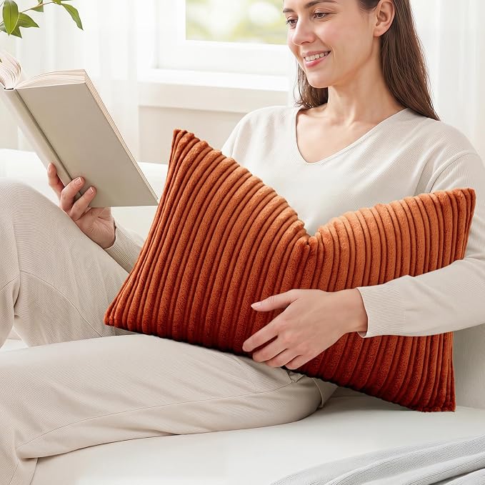 Kevin Textile Striped Corduroy 12”x24” Pillow Cover 1 Pack, Rust