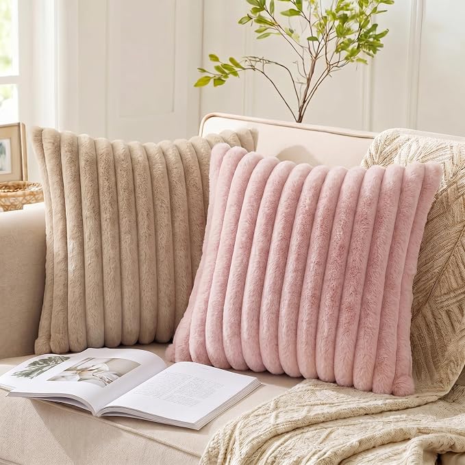 Pack of 2 Throw Pillow Covers 18x18 Decorative Solid Plush Faux Fur with Soft Velvet Back, Square Striped Cushion Cases Modern Farmhouse Home Decor for Living Room Couch Sofa Bed Apricot