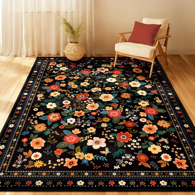 Washable Floral Area Rug for Living Room 4x6 Black | Non-Slip，Vacuum-Friendly, Low Pile, Flower Carpet for Bedroom Kitchen Entryway Dining Room Office Nursery