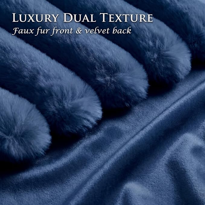 Pack of 2 Throw Pillow Covers 20x12 Decorative Solid Plush Faux Fur with Soft Velvet Back, Square Striped Cushion Cases Modern Farmhouse Home Decor for Living Room Couch Sofa Bed Navy Blue