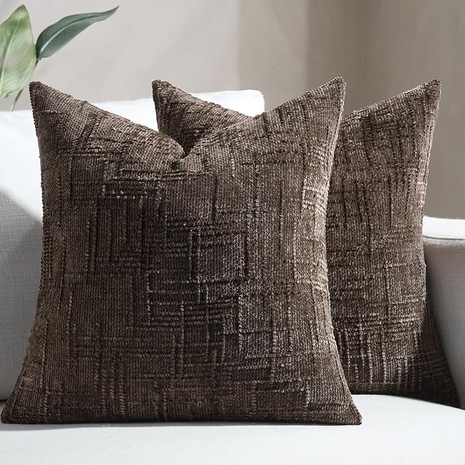Softalker Textured Chenille Throw Pillow Covers Set of 2, 18x18 Brown Decorative Cushion Covers, Soft Cozy Slubby Texture for Modern Farmhouse Sofa Couch Bed