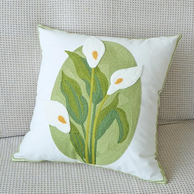 vctops Farmhouse Calla Lily Cotton Tufted Throw Pillow Cover Spring Floral Embroidery Pillowcase Soft Square Cushion Case for Sofa Couch Bed Chair (White C,18"x18")