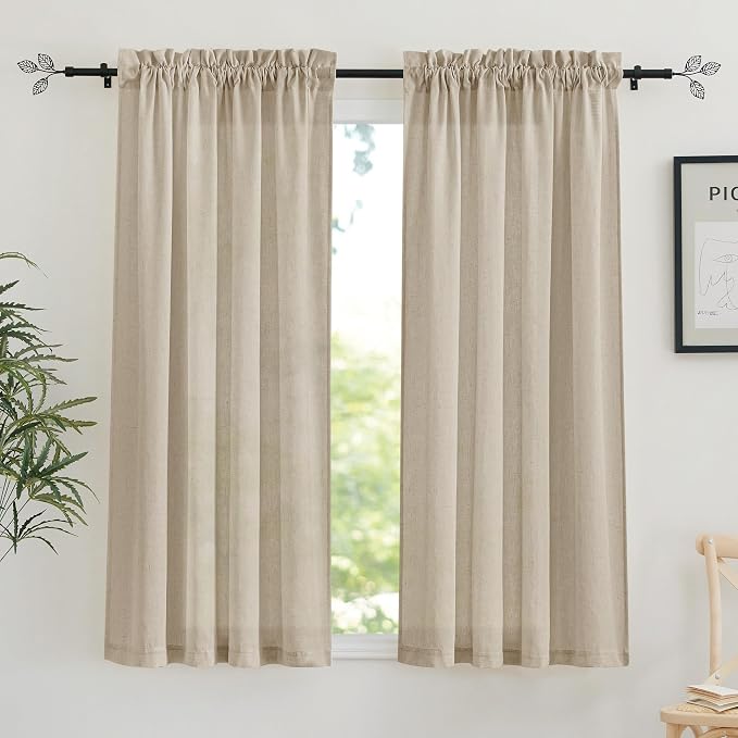 RYB HOME Linen Sheer Curtains 2 Panels for Living Room, Semi Transparent Privacy Drapes with Rod Pocket Farmhouse Style Window Treatments for Bedroom, Taupe, 38" W x 63" L