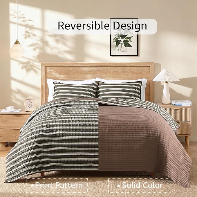 King Size Quilt-Lightweight Bedspreads Brown King Quilt Bedding Set | Reversible Coverlet with 2 Shams for All Seasons, Suitable for Bed, Couch, 3 Pieces, 106"x94"