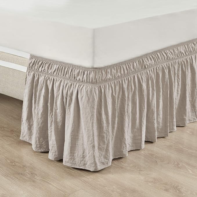 Lush Decor Ruched Ruffle Elastic Easy Wrap Around Bed Skirt Single Queen/King/Cal King Neutral - Queen Bed Skirt - Dust Ruffle - Tan Bedskirts (Pack of 6)