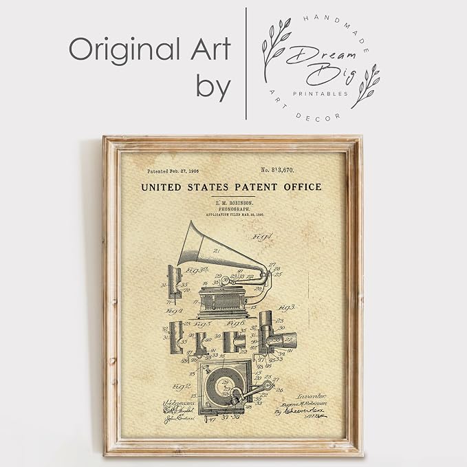Phonograph Patent Print Wall Art - Unframed - 8x10 | Record Player | Classic Record Player Design | Perfect for Music Enthusiasts and Retro Décor Lovers | Elegant Home or Office Artwork