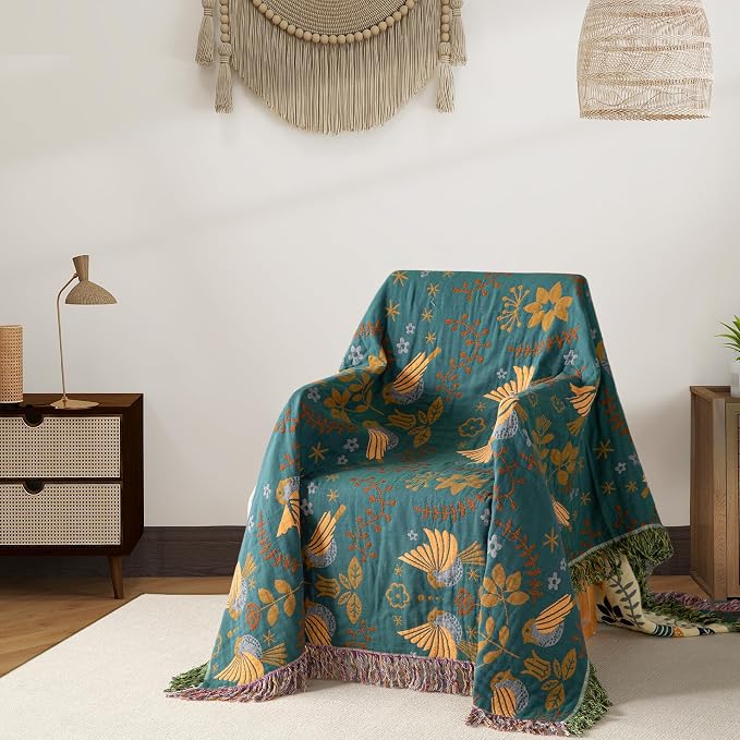 Phuryllic Boho Throw Blanket Throw Size, Soft Cozy Cotton Muslin Quilt Blanket for Bed Decor, Bird Patterned Couch Sofa Chair Cover, Vintage Farmhouse Cottage Tapestry Woven Blanket, Green&Beige