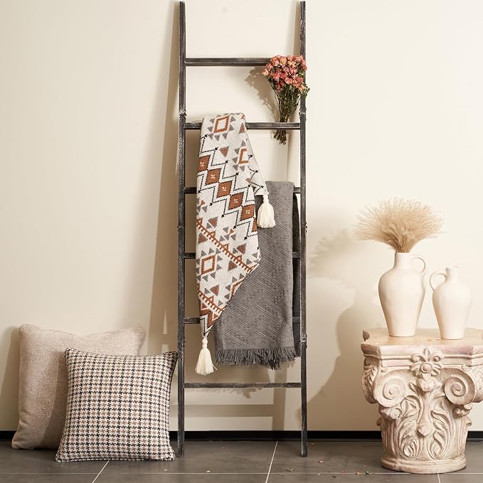 Blanket Ladder 6-Tier Washed Black, Rustic Towel & Quilt Display Rack | rustic black ladder for living room, bedroom or bathroom. Holds quilts, towels & blankets. Sturdy 6-tier wood. Easy assembly