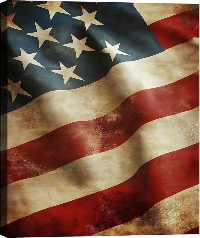 Framed Vintage Distressed American Flag Wall Art, Patriotic Rustic Canvas Art Pictures, USA Flag Wall Decor, Made in USA Ready to Hang for Living Room Garage