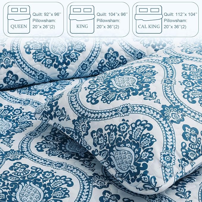 Exclusivo Mezcla Reversible Boho Quilts Queen Size Blue | Lightweight Soft Bedspreads, All Season Damask Coverlet Bedding Set, Printed Floral Pattern, 1 Quilt and 2 Pillow Shams