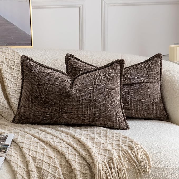 MADIZZ Pack of 2 Chenille Throw Pillow Covers 12x20 Inch Dark Taupe Soft Neutral Decorative Throw Pillows for Couch Sofa Boho Accent Cushion Covers Modern Farmhouse Home Decor for Bedroom Living Room