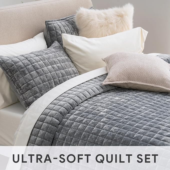 RECYCO Channel Box Stitch Velvet Quilt Set, King Size, Gray | Ultra Soft Lightweight Velvet Comforter, Luxury Oversized Bedspread Coverlet, Quilted Bedding Set for All Season with 2 Shams