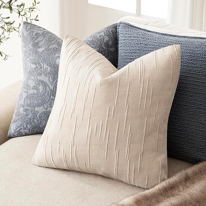 Foindtower Pack of 2 Slubby Textured Chenille Throw Decorative Pillow Covers Square Accent Solid Cushion Cover Neutral Farmhouse Pillow Case for Couch Sofa Bedroom Living Room 18x18 Inch,Ivory