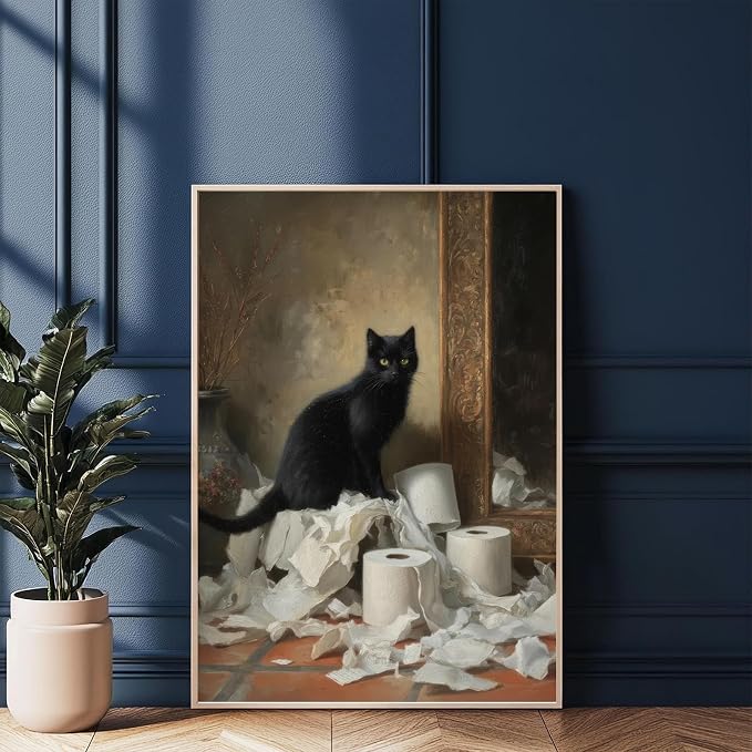 YUECOSHMAO Vintage Black Cat Holding Toilet Paper Roll Bathroom Wall Art Vintage Animal Oil Painting Interesting Pet Murals Animal Painting Bathroom Pictures Wall Decor 16X24 Inch Unframed