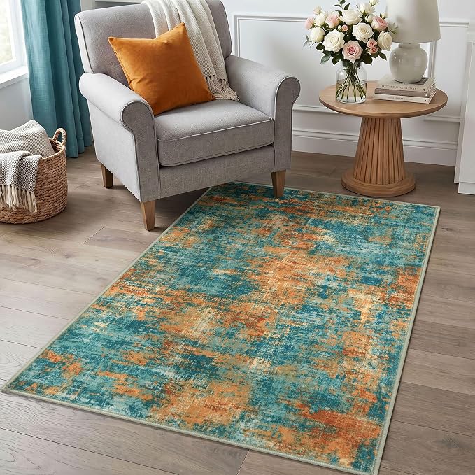 Lansny Abstract Washable Entryway Rug 3x5 Area Rug Non Slip Kitchen Rugs | Teal/Orange;Thin Printed Faux Wool Door Mat;Front Door Rug;Indoor Entry Rug;Rubber Backed Floor Carpet;Throw Rugs