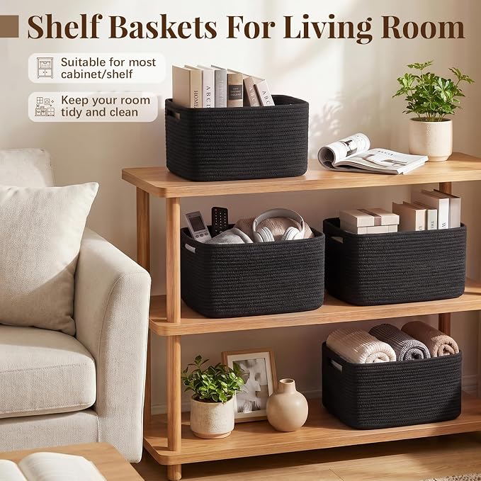 OIASKET 4Packs Natural Cotton Rope Storage Baskets for Organizing Toys, Clothes, Towels & Books, Soft Versatile Organizers for Shelves, Home Decorative Bins, 13''Lx9''Wx7.8''H, Black