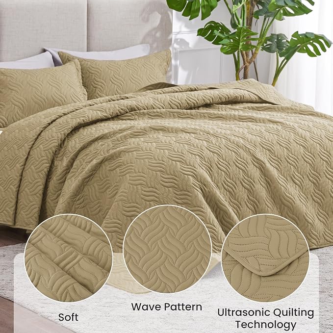 Love's cabin Quilts for Queen Bed Camel Bedspreads Bedding Set - Summer Lightweight Bedspread Comforter - Wave Pattern Bedding Coverlet for All Season - 3 Pieces (1 Quilt, 2 Pillow Shams)