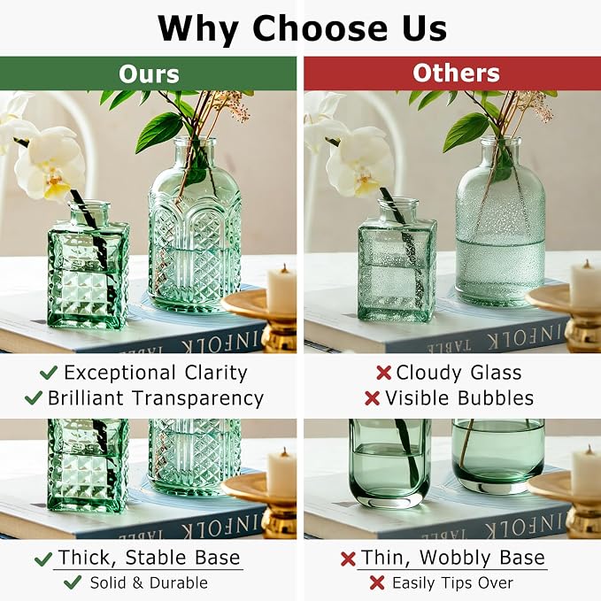 SUPMIND Glass Bud Vase Set, 16pcs Green Small Flower Vases for Centerpieces | Cute Mini Vintage Vases in Bulk for Table Centerpieces, Wedding, Home, Party Decoration