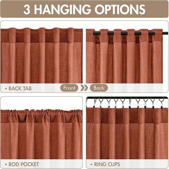 MIULEE Burnt Orange Fall Back Tab Linen Curtains 4 Panels 42W x 102L | Linen material, light filtering, rod pocket back tab hanging, farmhouse decor for living room bedroom