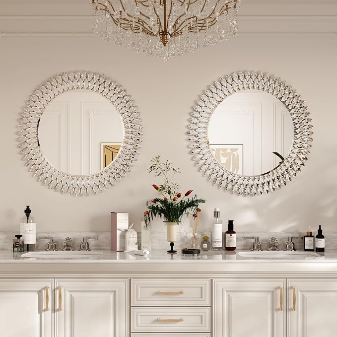 Kelly Miller 28" Jeweled Luxury Round Decorative Wall Mirror | Elegant diamond beveled vanity mirror. Perfect wall mirror for living room, bedroom, entryway.