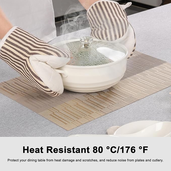 Placemats Set of 8, Vinyl Woven Heat-Resistant Place Mats | Washable Wipeable PVC Table Mats, Non Slip Placemat for Kitchen Dining Indoor Outdoor Table (Gray Gold, Set of 8)