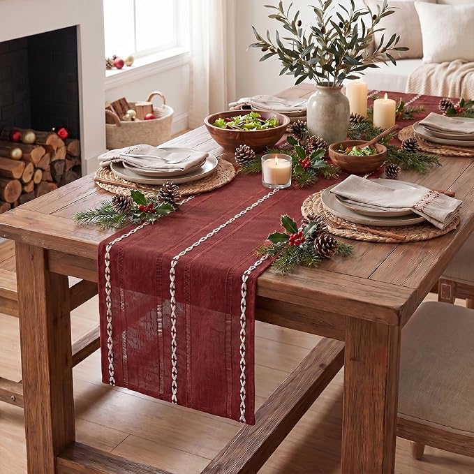 Artoid Mode Red Rustic Cotton Linen Christmas Table Runner, Seasonal Embroidered Hollow Kitchen Dining Table Decoration for Home Party Decor 13x60 Inch