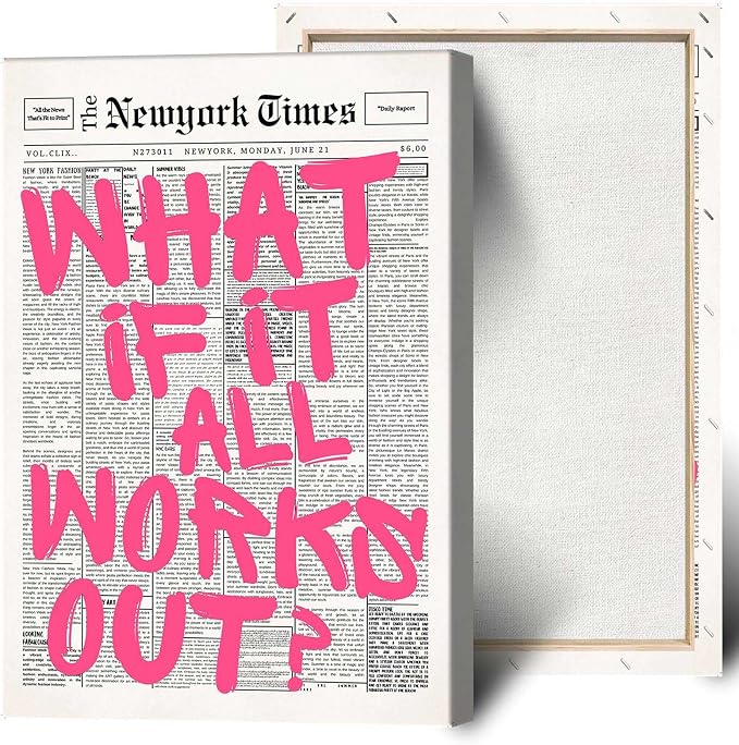 Drimiler Retro Newspaper Pink Font Poster What If It All Works Out Canvas Wall Art Positive Affirming Quote Minimalist Prints Painting For Home Bedroom Dorm Wall Decor 12x16in Wframed